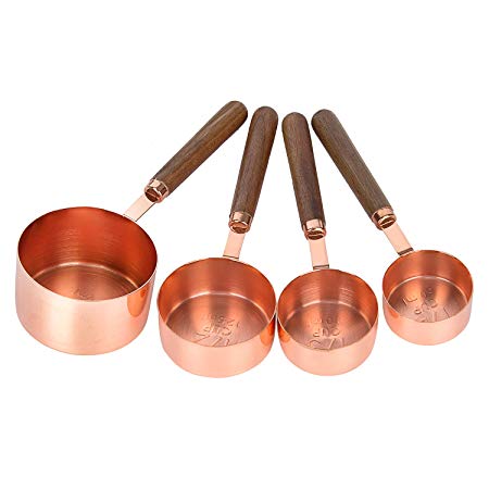 K Kwokker Copper Stainless Steel Measuring Cups Set 250ml/ 125ml/ 80ml/ 60ml Ergonomic Wooden Handle for Dry and Liquid, Cooking & Baking, Mirror Polished, Kitchen Utensils Tool Fairly Well