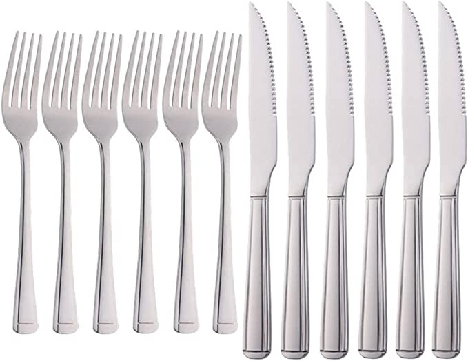 Meisha Harley Pattern Steak Knife and Fork Set, Silver Table Knife Set, 6 Steak Knives & 6 Dinner Forks, Stainless Steel Professional Serrated Steak Knives for Multipurpose (Pack of 12)