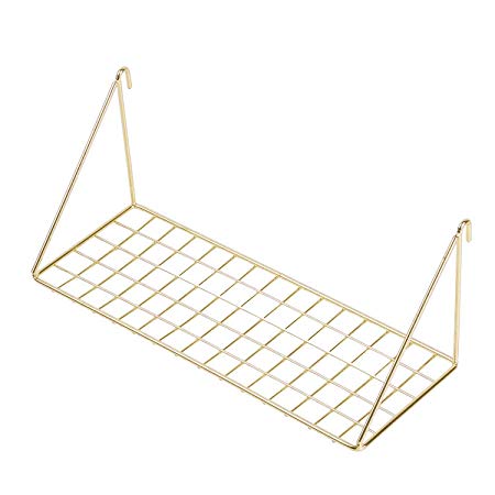 Simmer Stone Wall Grid Shelf, Wire Metal Hanging Rack Wall Display & Storage, Size 11.8x4.3x4.7 inch (LxWxH), Gold