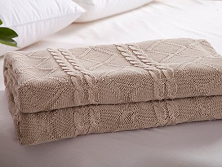 iSunShine® Cotton Knitted Diamond & Cable Throw Soft Warm Blanket Diamond Knitting Pattern, 43*70 Inches, Beige
