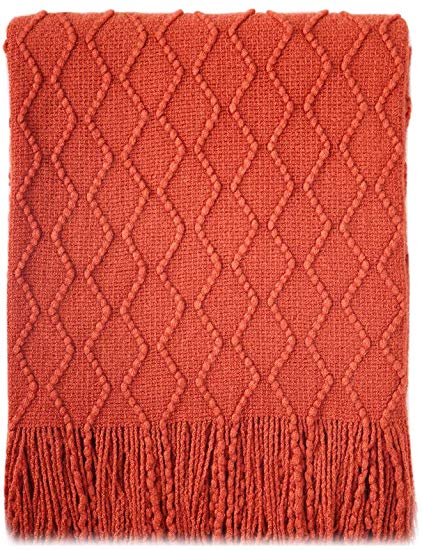 BOURINA Textured Solid Soft Sofa Throw Couch Cover Knitted Decorative Blanket, 50" x 60" (Rust, 50"x60")