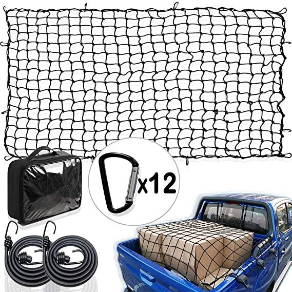 CARBONLAND Heavy Duty Cargo-Net 60"x90" Truck-Bed Stretches to 120"x85" Truck Bed Net Includes 12pcs D Shape Aluminum Carabiners Compatible for Pickup SUV Trailer Comes with 2 Bungee Cords 43.5 Inches