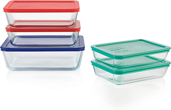 Pyrex 1136617 Simply Store Rectangular Glass Food Containers With BPA Free Plastic Multi Coloured Lids, 10 Piece Set