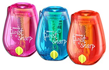 Bostitch Twist-n-Sharp Pencil Sharpener, 3-Pack, for Kids & Colored Pencils, Assorted Colors (PS1-ADJ-3PK)