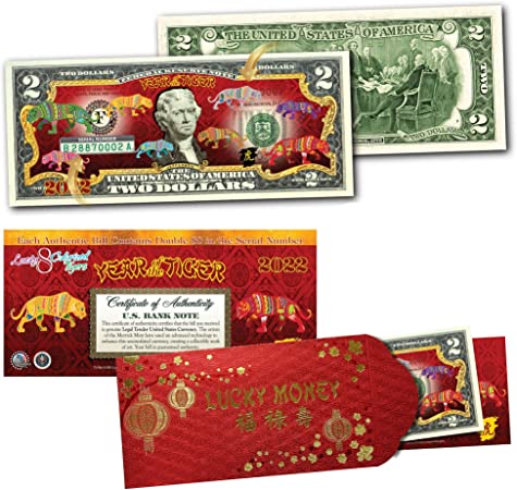 Merrick Mint 2022 CNY Chinese Lunar New Year of The Tiger Polychromatic 8 Color Tigers $2 Bill in RED Foil Envelope