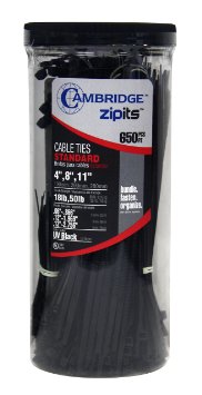 Cambridge ZipIts 650 Pcs Assortment -4", 8" & 11" Nylon Cable Ties Kit- UV Black