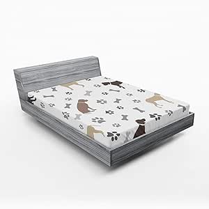 Ambesonne Dog Lover Fitted Sheet, Paw Print Bones and Dog Silhouettes American Foxhound Breed Playful Pattern, Comfy Bed Cover with All-Round Elastic Deep Pocket, California King, Umber Beige Grey