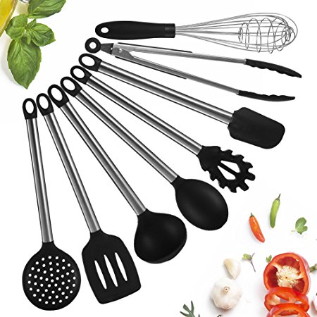 NANAN Kitchen Utensil Set - 8 Cooking Utensils - Nonstick Spatula Set - Silicone & Stainless Steel Kit - Best Kitchen Tools for Gift