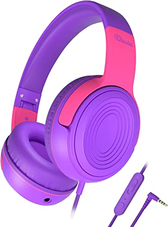 Kids Headphones, Elecder S8 Wired Headphones for Kids with Microphone for Boys Girls, Adjustable 85dB/94dB Volume Limited, 3.5 mm Jack for School/Kindle/Smartphones/Tablet/Airplane Travel(Purple/Red)