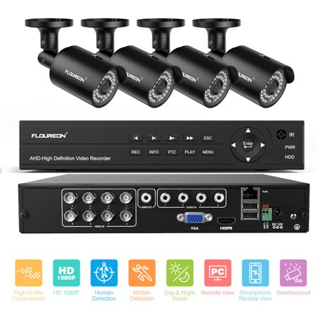 Home Security System, FLOUREON 8CH 1080P Outdoor Surveillance Cameras with 4CH 1080P HD Night Vision Smart Human Detection Remote Viewing - No Hard Driver