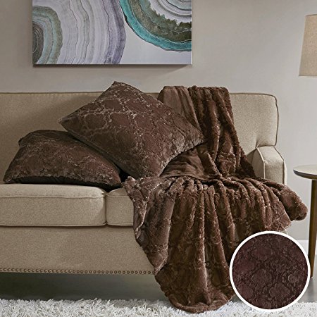 Comfort Spaces Faux Fur Throw Blanket Set – Ogee Fluffy Plush Blankets for Couch and Bed – Chocolate Size 50" x 60" with 2 Square Pillow Covers 20" x 20" by