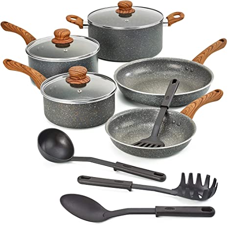 BELLA 12-Piece Non-Stick Cookware Set with Saucepans, Fry Pans & Cooking Utensils, Charcoal & Wood Grain