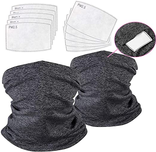 Ewolee 2 Pack Neck Gaiter with 10 Pcs Activated Carbon Filter, Multifunctional Scarf Face Cover UV Dust Wind Protection Bandana Balaclava Headwear for Men Women Fishing Hiking Cycling(Dark Grey)