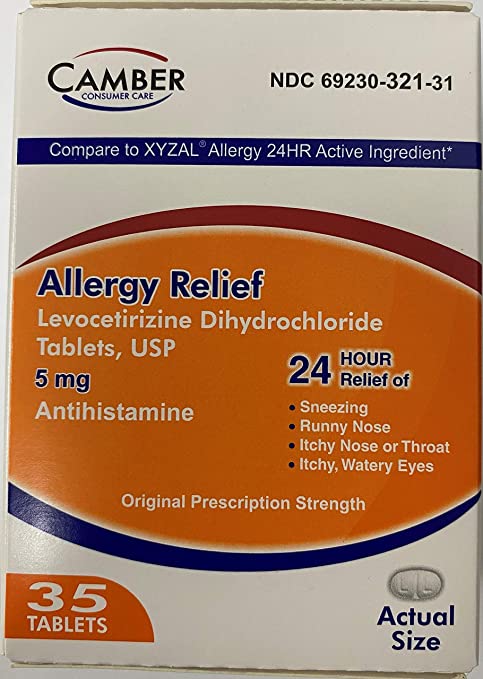 Camber Consumer Care Levocetirizine Dihydrochloride 5mg Antihistamine Tablets, Generic Xyzal Allergy 24 Hour, Allergy Relief Medicine (35 Count)