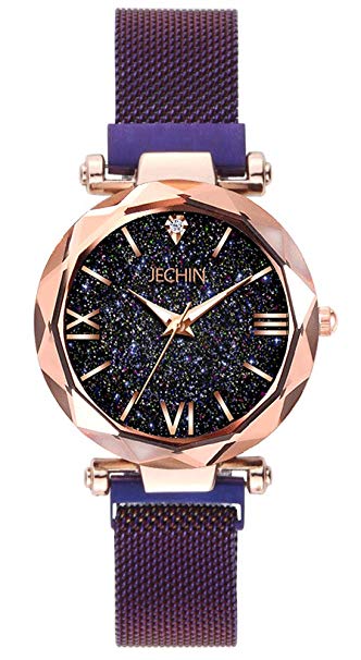 Jechin Luxury Women's Diamond Shining Bling Starry Sky Magnetic Buckle Bracelet Watches