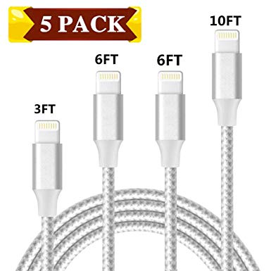 iPhone Charger, MFi Certified Lightning Cable,4 Pack(3-6-6-10 FT) Extra Long Nylon Braided Charging&Syncing Cord Compatible with iPhone Xs/XR/XS Max/X/7/7Plus/8/8Plus/6S/6S Plus/5C More Silver&White