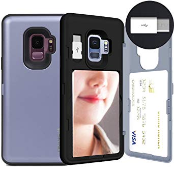 Galaxy S9, SKINU [Galaxy S9 Wallet Case] Galaxy S9 Charger Dual Layer Hidden Credit [S9 Card Case] Holder ID Slot Card Case with Inner USB type C Adapter and Mirror for Galaxy S9 (2018) - Orchid Gray