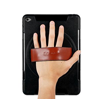 iPad Air 2 Case,360 Degree Rotation Case With Stand, Rugged: Heavy Duty and Shock Proof, 360 Rotating, Leather Hand Strap with Built-in Stand, For iPad 6 Gen (Black)