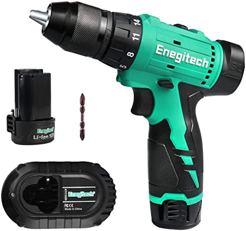 Enegitech 12V Cordless Drill Driver Kit, 1/2” Chuck Brushless Motor 20 1 Clutch Variable Speed Electric Power Tools with 2 x 2.0Ah Lithium-ion Battery 1 x Fast Charger 1 x Bit