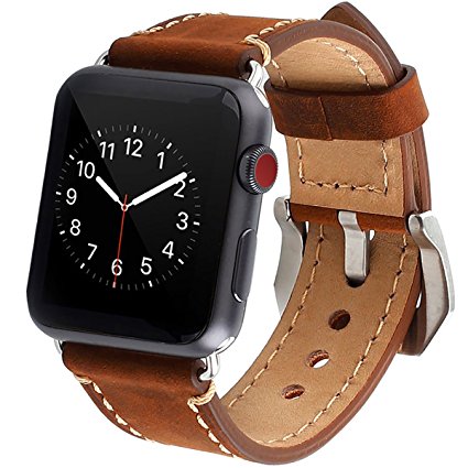 Apple Watch Band, 38mm iWatch Strap Premium Vintage Genuine Leather Replacement Watchband with Secure Metal Clasp Buckle for All Apple Watch Sport Edition (brown)