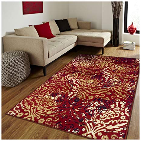 Superior Northman Collection Area Rug, Vintage Ikat Damask Pattern, 10mm Pile Height with Jute Backing, Affordable Contemporary Rugs - Red, 5' x 8' Rug