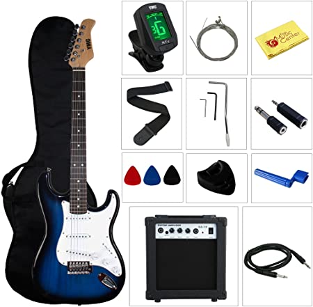 Stedman Pro Beginner Series Electric Guitar with Case, Strap, Cable, Picks, Tuner, String Winder and Polish Cloth, 10 W Amp, 39'' L, Transparent Blue