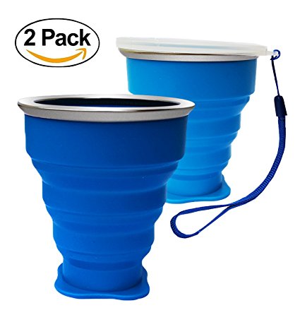 2 PACK Folding Cup, Collapsible Travel Cup, 8oz Food-Grade Silicone Foldable Cup, Portable Travel Coffee Mug for Hiking Camping Outdoor Sports, Hot Lid Included (Blue X 2)