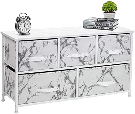 Sorbus Dresser with Drawers - Furniture Storage Chest Tower Unit for Bedroom, Hallway, Closet, Office Organization - Steel Frame, Wood Top, Marble Pattern Fabric Bins (Marble White – White Frame)