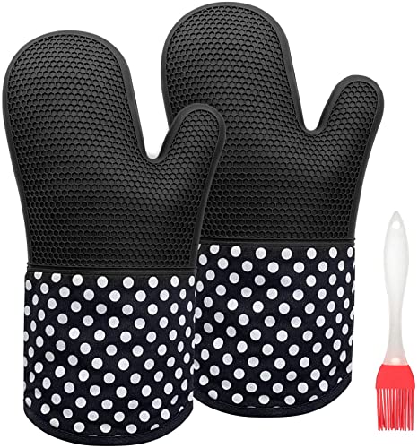JOJEN Professional Silicone Oven Mitt, Advanced Heat Resistance Oven Mitts with Quilted Liner, Cooking Gloves with Non-Slip Textured Grip for Kitchen Cooking Baking Grilling Microwave (Black)