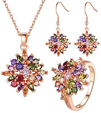 BAMOER 18K Rose Gold Plated Multicolor Cubic Zirconia Flower Earrings Necklace Ring Set for Women Girls CZ Jewelry Sets