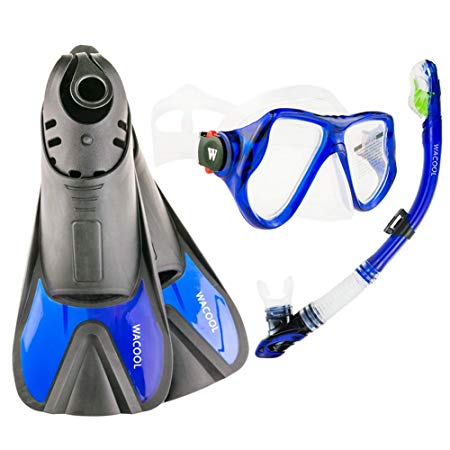 WACOOL Snorkeling Package Set for Adults, Anti-Fog Coated Glass Diving Mask, Snorkel with Silicon Mouth Piece,Purge Valve and Anti-Splash Guard w/Travel Short Swim Fins