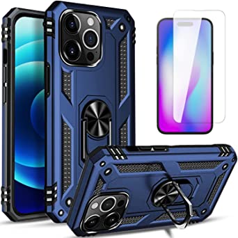 STARSHOP iPhone 14 Pro Max Phone Case, with [Tempered Glass Screen Protector Included], Military Grade Shockproof Drop Protection Phone Cover with Metal Ring Kickstand, for iPhone 14 Pro Max- Navy