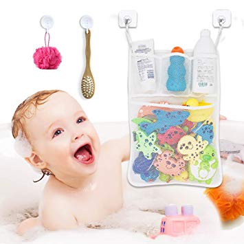 Bath Toy Organizer with Hooks - 13X18 Large Bath Toys Holder - Mesh Bath Toy Storage for Baby, Kids - Bath Organizer with Multi Pockets, Strong Suction Hooks, 3M Stickers - Mold Free, Quick Dry