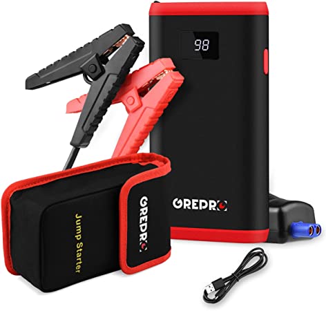 Car Jump Starter, 10000mAh Power Pack (Up to 4.5L Gas,2.5L Diesel)and Battery Booster for Vehicles, Portable Jump Pack with Jumper Clamps, LCD Screen, LED Light Red