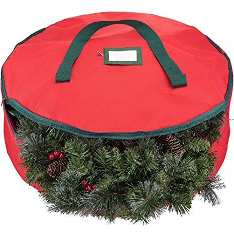 Zober Premium 600D Polyester Wreath Storage Bag - Tear Resistant Fabric Storage Bag for Wreath Storage with Sleek Zipper Featuring Transparent Card Slot for Labeling | 30 x 30 x 8 | (Red)