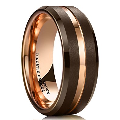 King Will DUO 8mm Mens Brown Tungsten Carbide Wedding Band Ring Rose Gold Inside Groove Beveled Edge Comfort Fit