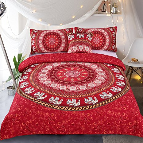 Sleepwish Elephant Mandala Duvet Cover Red Bohemian Bedding Hippie Bed Set Elephant Tapestry Bedding - Twin