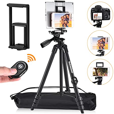 iPad Tripod,TESVERO 55" Extendable Aluminum Alloy Tripod Stand with Universal Cell Phone/Tablet Holder, Remote Shutter, Compatible with Smartphone & Tablet & Camera.