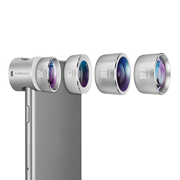 MOMAX Professional iPhone 7 Plus Camera Lens Pro,120°Wide Angle Lens 180° Fisheye Lens 20X Macro lens 2X Telephoto Phone Camera Lens Kit with Clips for iPhone 7 Plus and iPhone series (Silver)