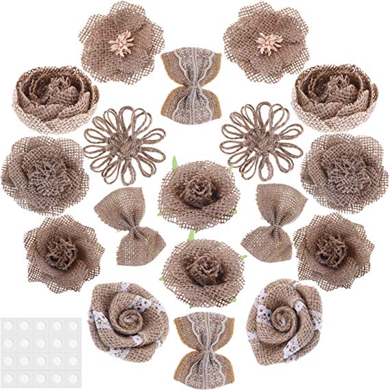 Tatuo 18 Pieces Burlap Flowers Rustic Lace Flower Bow Knot Roses with Adhesive Glue Point for DIY Craft Bouquets Home Wedding Christmas Party Decoration