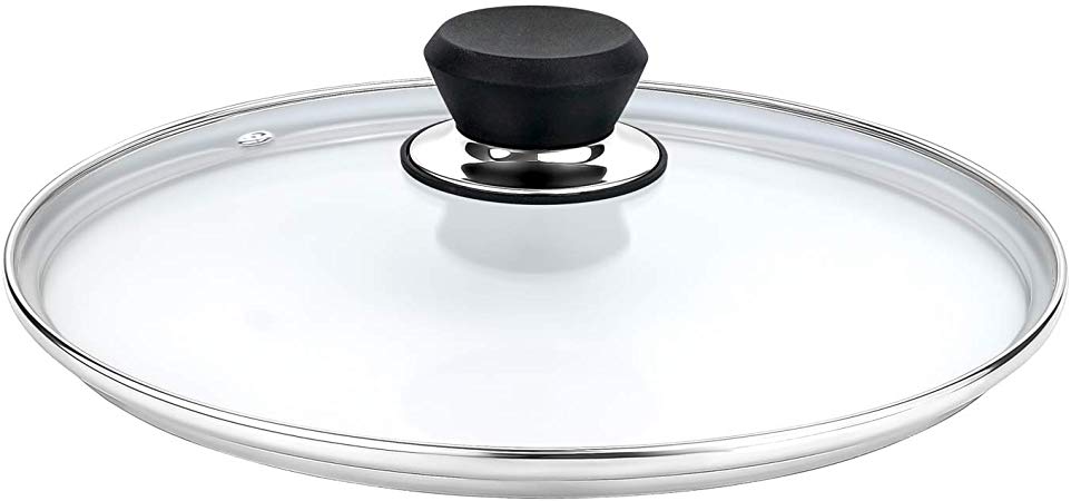 GOURMEX Tempered Glass Cookware Lid with Stainless Steel Rim and Black Handle To Fit Pots, Frying Pans and Skillets, Equipped with Vent Hole, Dishwasher and Oven Safe, Heat Resistant (11.8")