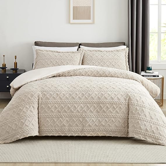 Topcee Beige Duvet Cover King Size-Tufted King Duvet Cover Set-Extremely Fluffy Soft Plush, 3 Pieces with Zipper Closure (1 Bedding Duvet Cover 104x90 inches and 2 Pillow Shams)