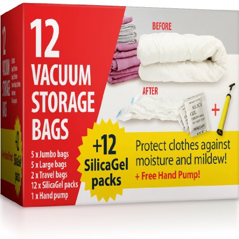 12 Premium Jumbo Vacuum Seal Storage Bags   Free Hand Pump   SilicaGel Packs for Protection Against Moisture/Mold - Ideal for Clothes, Comforters, Pillows and Stuffed Toys