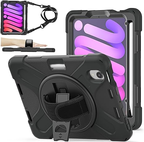 ZenRich New iPad Mini 6 Case 2021, zenrich Heavy Duty Shockproof Rugged Mini 6 Case A2567/A2568/A2569 with Pencil Holder Kickstand Hand Strap Carrying Shoulder Belt for iPad Mini 6 Tablet,Black