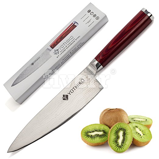 Japanese Damascus Steel Chef Knife - 8 inch Razor Sharp 67 Layers Blade – Multipurpose Kitchen Knife – Ergonomically Designed Pakkawood Handle – Rust and Corrosion Resistant - By Yothiko