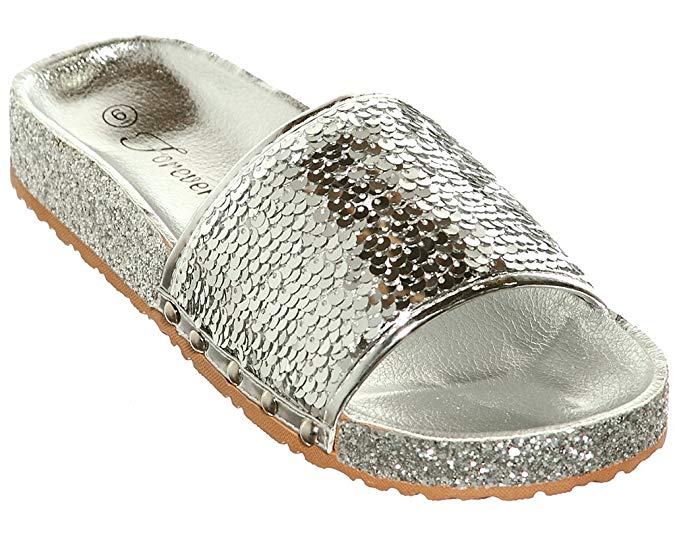 shoewhatever Women's Flat Soft Slip-on Sandals with Rhinestone Embellishment