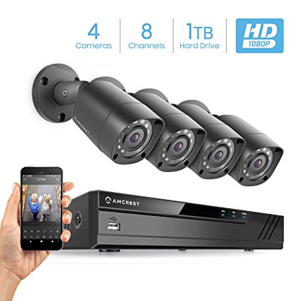 Amcrest Full-HD 1080P 8CH Video Security System w/ Four 2.0 MP (1920TVL) Outdoor IP67 Bullet Cameras, 66ft Night Vision, Pre-Installed 1TB HDD, (AMDV10818-4B-B-HDD)