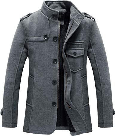 RongYue Men's Winter Wool Blend Jacket Warm Windproof Pea Coat with Faux Fur Lined