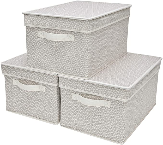 StorageWorks Woven Diamond Storage Bins with Lids, Ornament Storage Box with Lids, Collapsible Closet Organizer, Large, 3-Pack