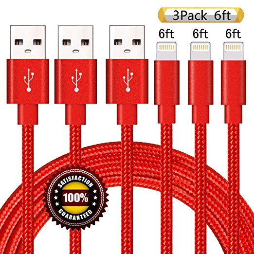 BULESK iPhone Cable 3Pack 6FT Nylon Braided Certified Lightning to USB iPhone Charger Cord for iPhone 7 Plus 6S 6 SE 5S 5C 5, iPad 2 3 4 Mini Air Pro, iPod Nano 7- Red